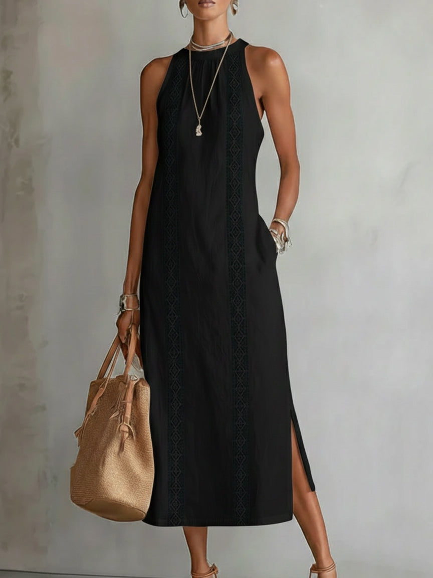 Cecilia | Vestido midi de lino con cuello mao