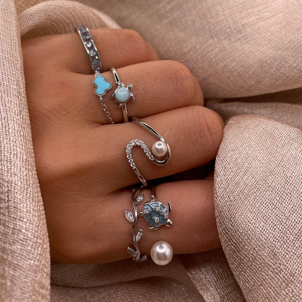Turtle Pearl Open 925 Sterling Silver Ring | Ocean-Inspired Adjustable Ring