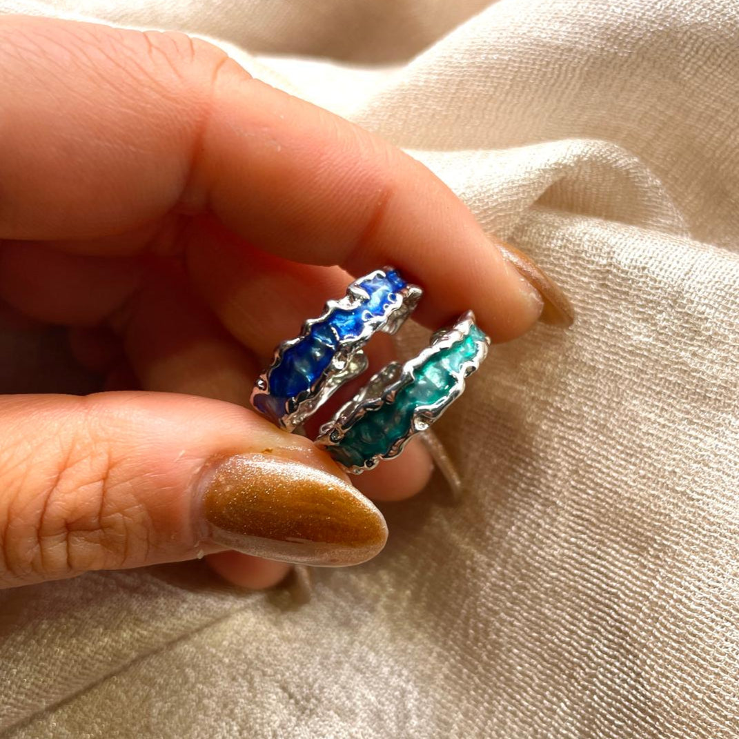 Ocean Blue & Green Enamel Wave 925 Sterling Silver Ring