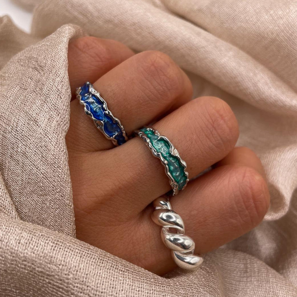 Ocean Blue & Green Enamel Wave 925 Sterling Silver Ring
