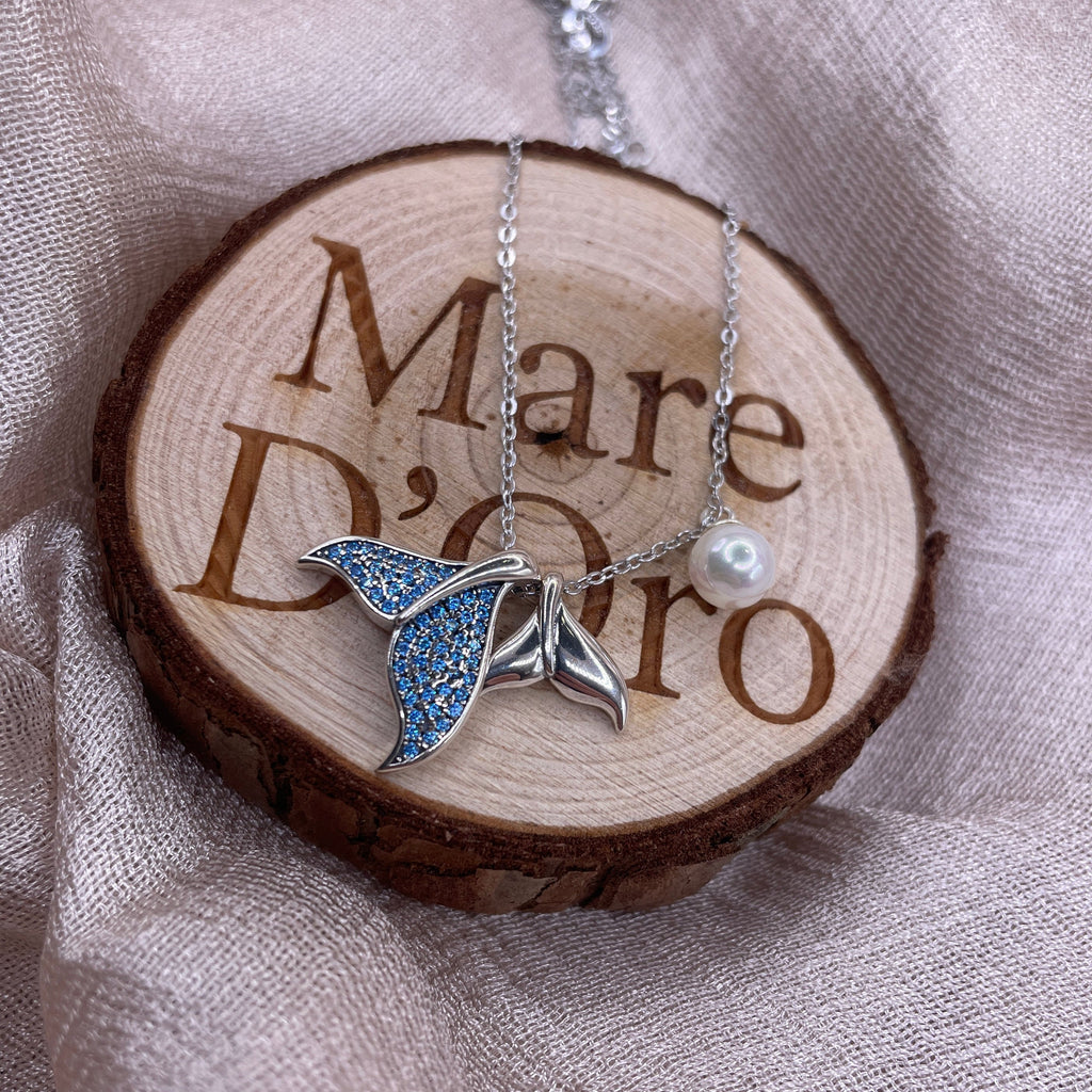 Blue Whale Tail Pearl 925 Sterling Silver Necklace