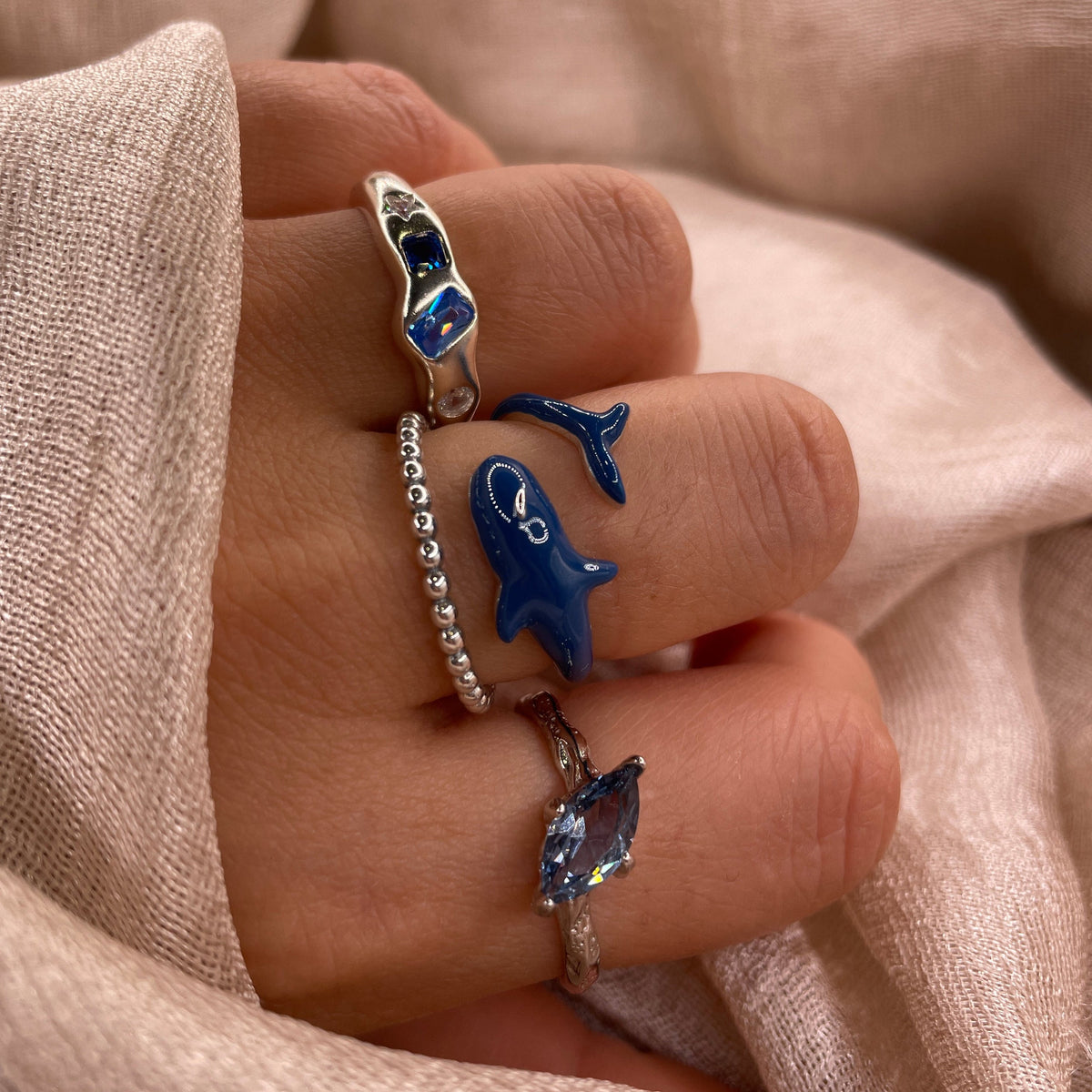 Navy Orca Adjustable 925 Sterling Silver Ring