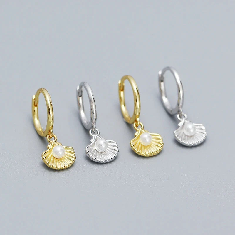 Shell Pearl Huggie Earrings – 925 Sterling Silver