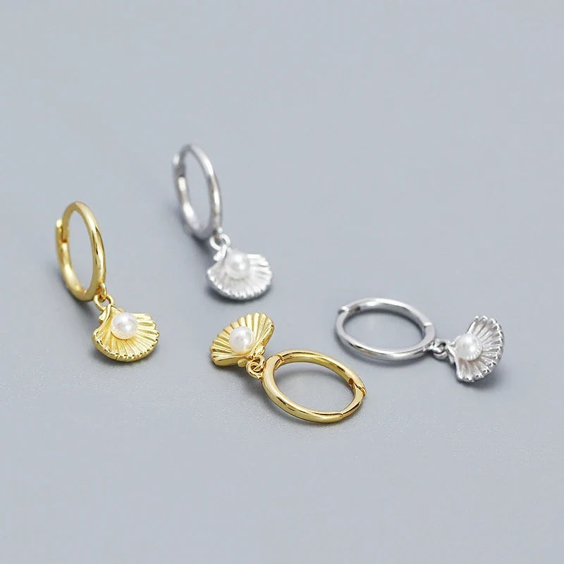 Shell Pearl Huggie Earrings – 925 Sterling Silver