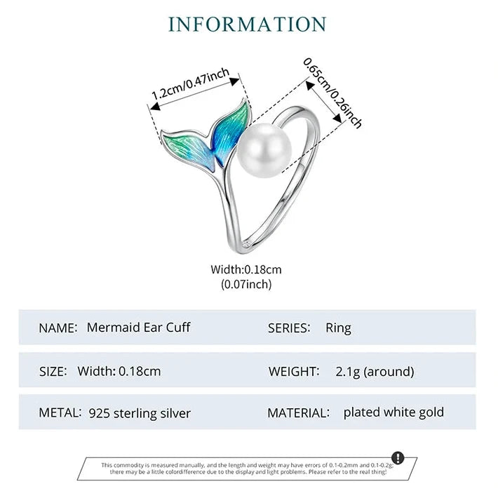Mermaid Tail Pearl Open Adjustable 925 Sterling Silver Ring