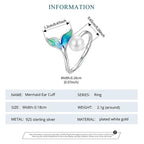 Mermaid Tail Pearl Open Adjustable 925 Sterling Silver Ring