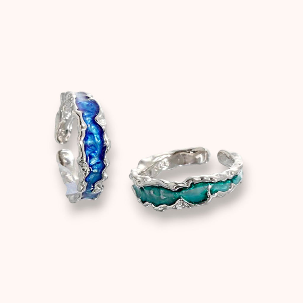 Ocean Blue & Green Enamel Wave 925 Sterling Silver Ring