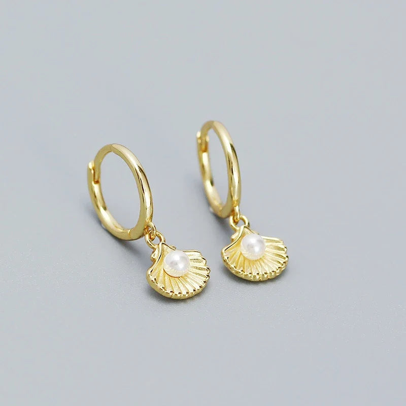 Shell Pearl Huggie Earrings – 925 Sterling Silver