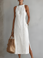 Cecilia | Vestido midi de lino con cuello mao