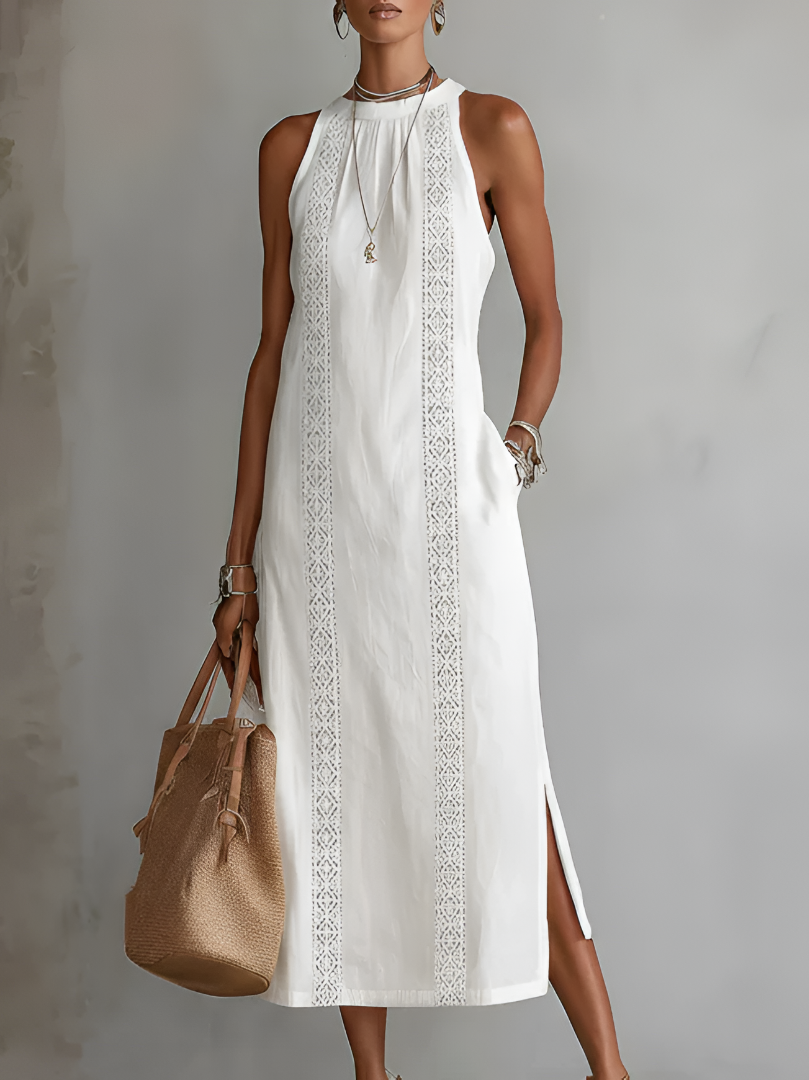 Cecilia | Vestido midi de lino con cuello mao