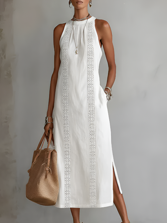 Cecilia | Vestido midi de lino con cuello mao