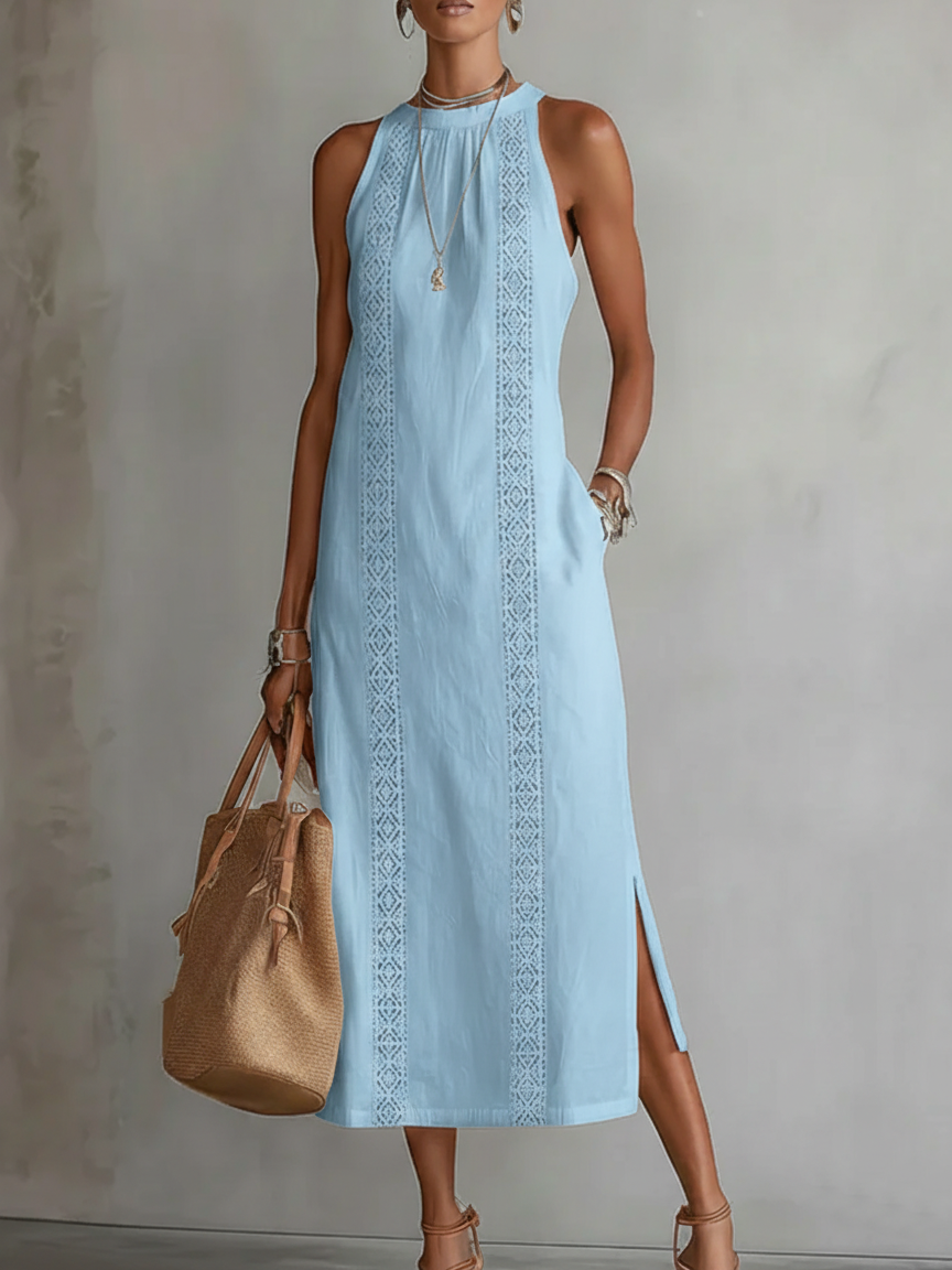 Cecilia | Vestido midi de lino con cuello mao