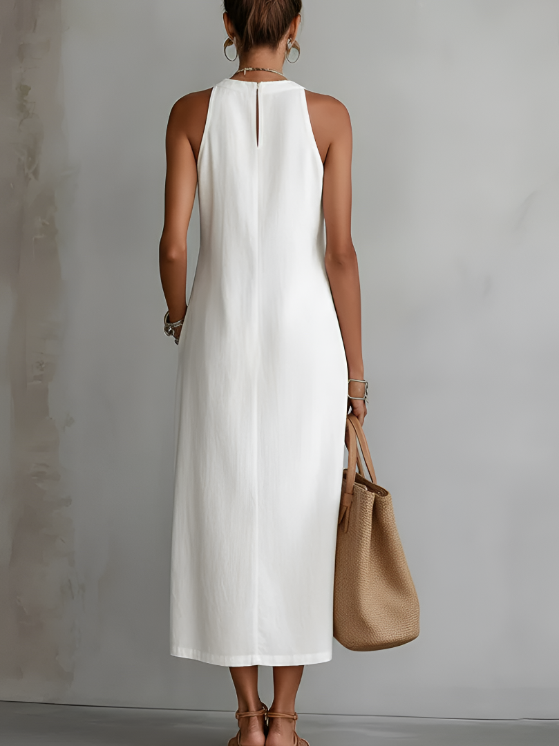 Cecilia | Vestido midi de lino con cuello mao