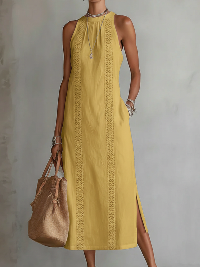 Cecilia | Vestido midi de lino con cuello mao