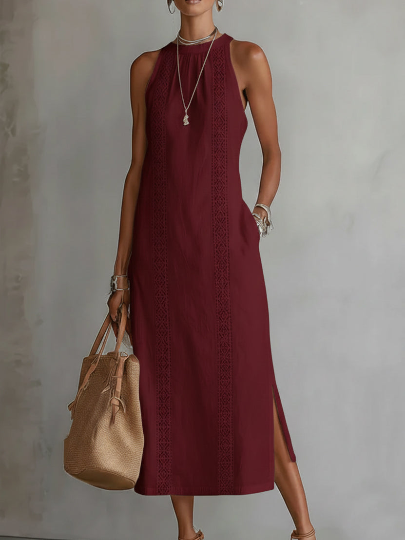 Cecilia | Vestido midi de lino con cuello mao